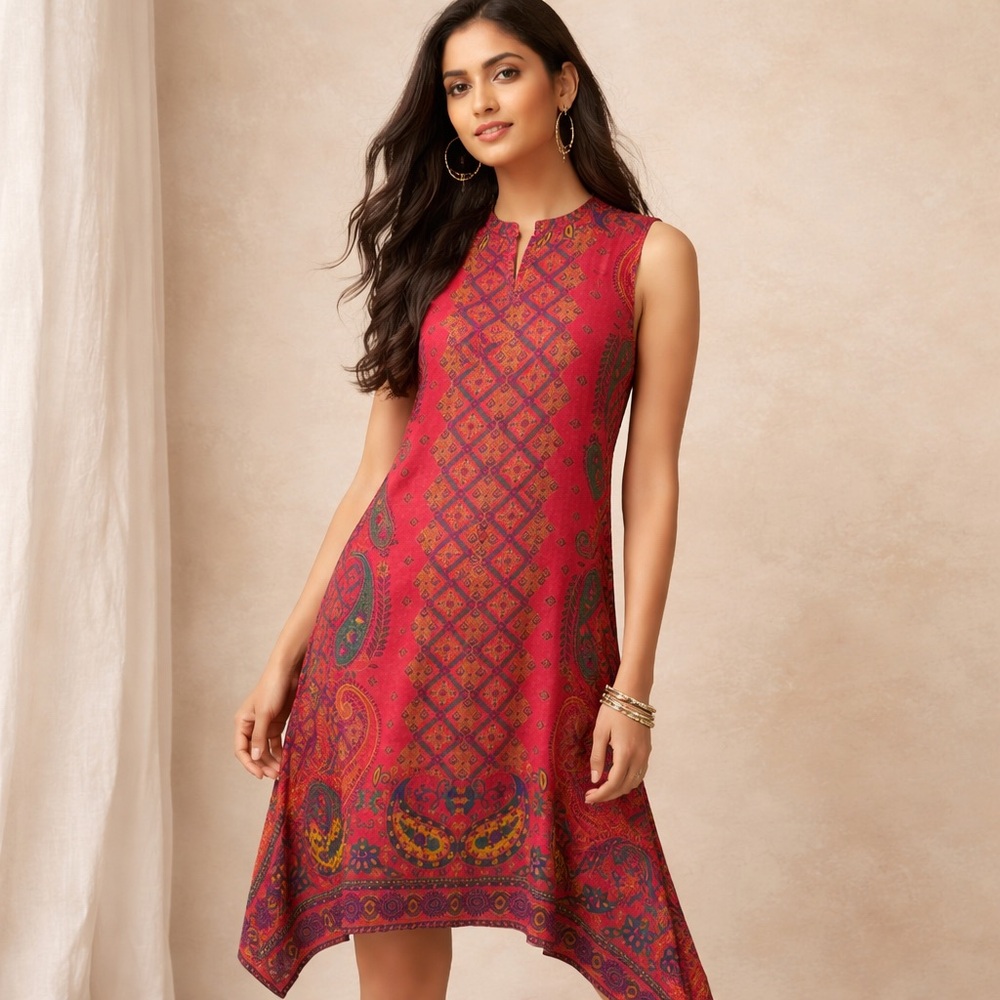 Avaasa Kurta Paisley Long Tunic Top Dress Asymmetrical Hem Size M Split Neck